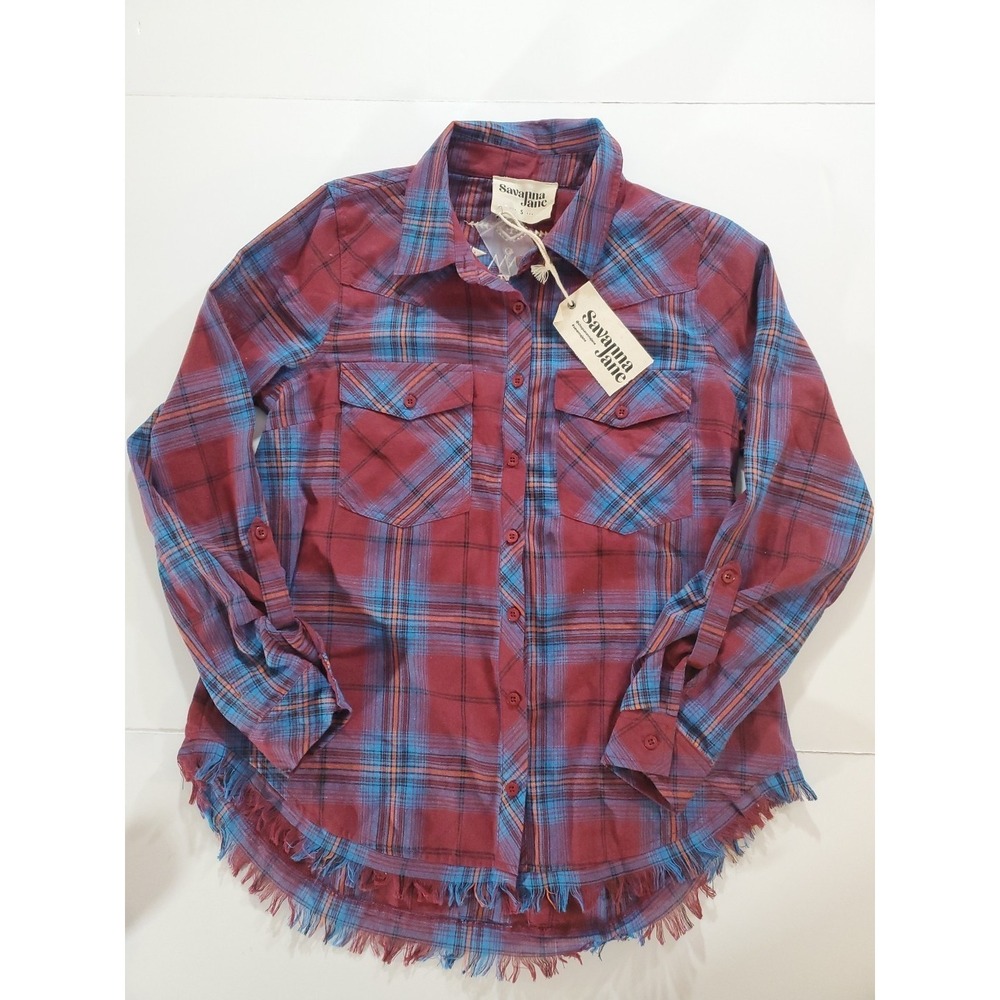 Savanna Jane Small S Plaid Button Down Shirt Fringed Hem Long Sleeve Red‎ Blue
